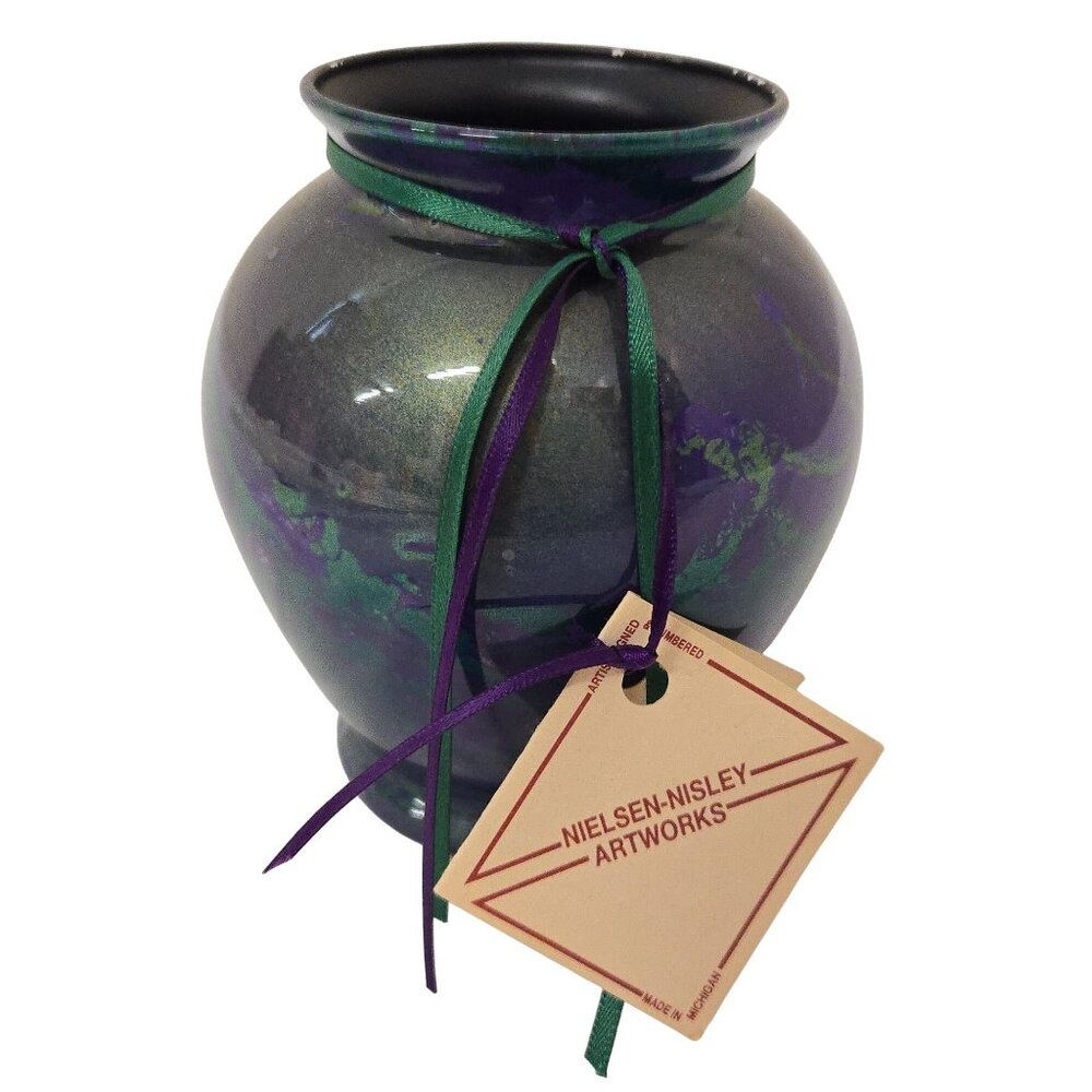 Nielsen-Nisley Artworks Handcrafted Purple & Green Ceramic 5" Vase Signed